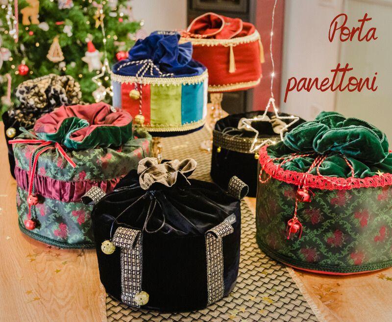 Portapanettoni realizzati artigianalmente con velluto, seta e passamanerie, perfetti per decorare con eleganza il Natale.