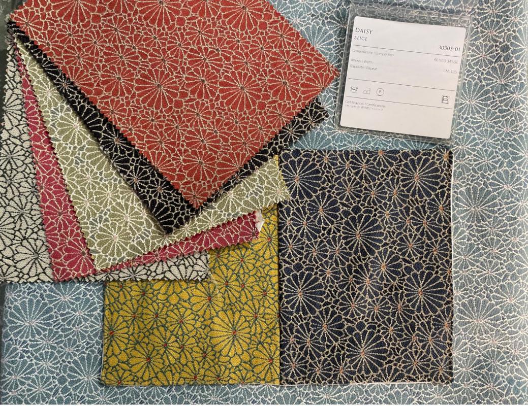 Campionario tessile Daisy recuperato per realizzare la borsa con tasca frontale patchwork
