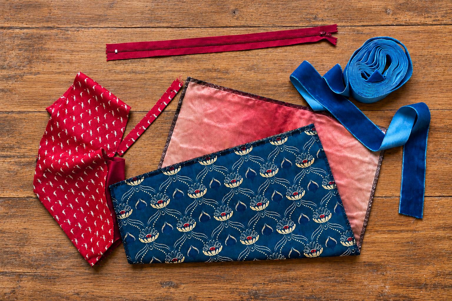 Spezzone di tessuto damascato blu con motivi ornamentali beige dorato e rossi, fascia in velluto blu e materiali utilizzati per realizzare la pochette con nappina Ri-belle.